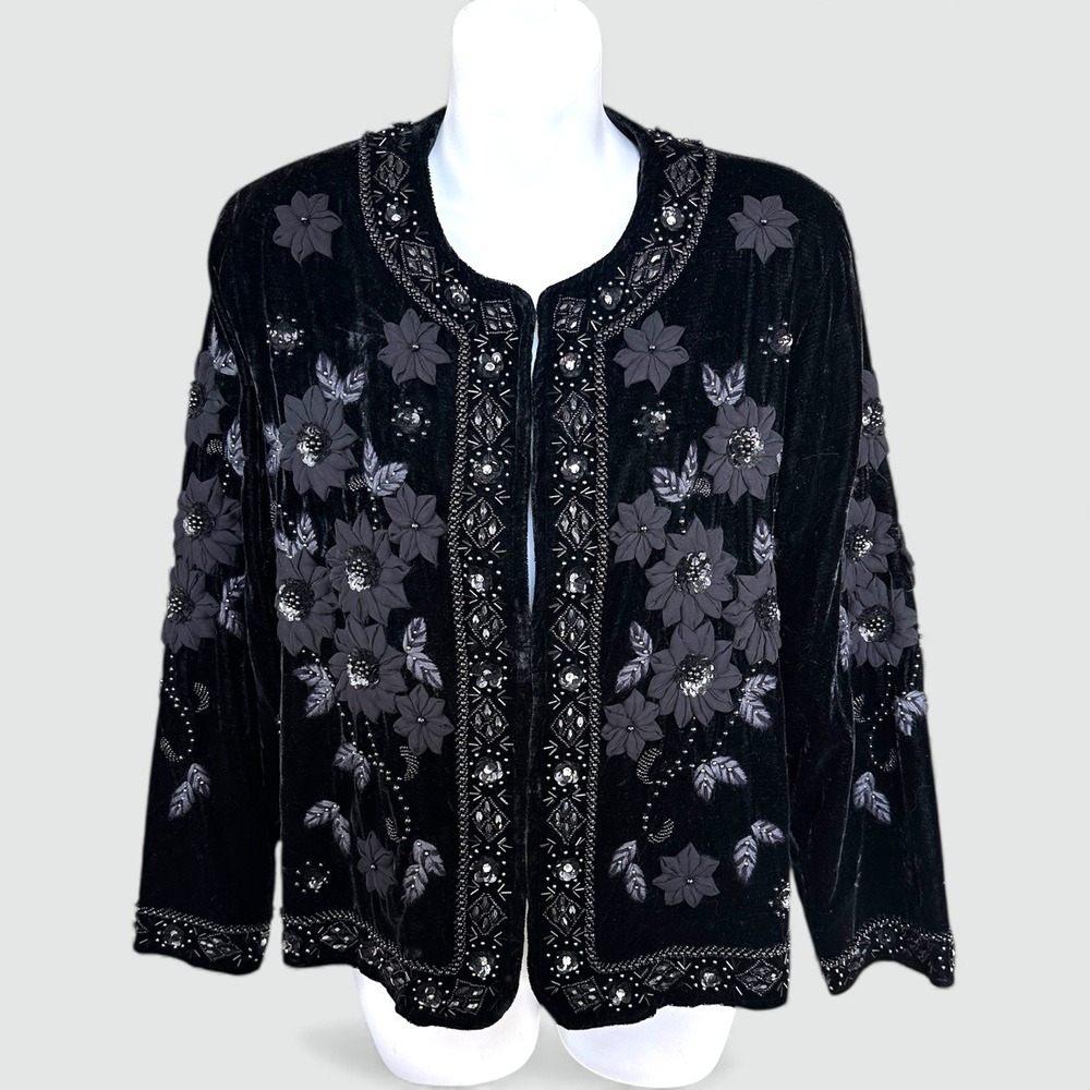 Silk City Handmade VTGE Black Velvet Beaded Floral Jacket Blazer‎ Eve Formal Med